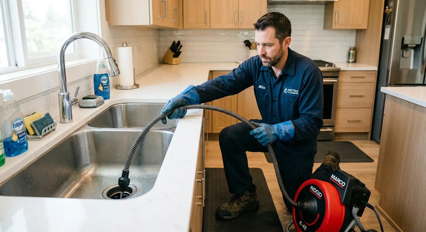 Drain cleaning technician using a motorized snake on a kitchen sink in Harrisburg