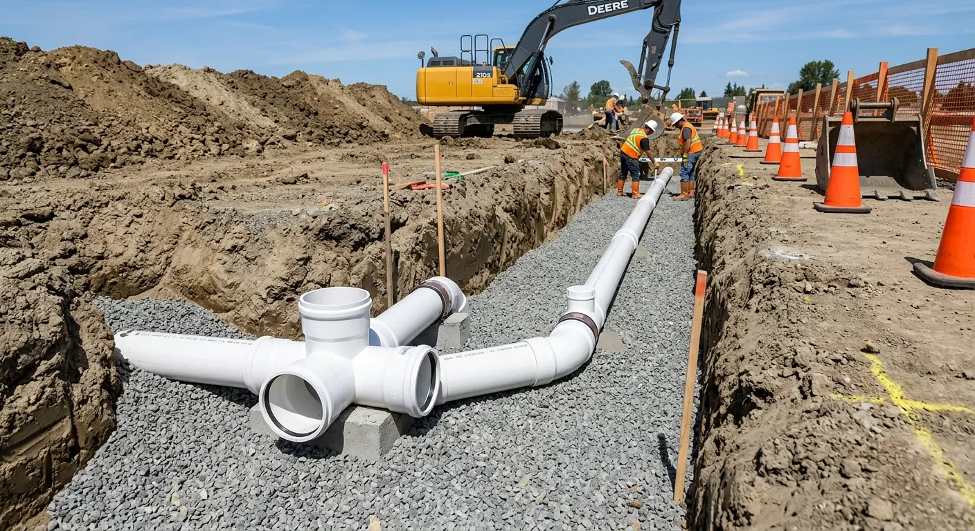 New PVC sewer pipe installation in open trench for Commercial Drain Cleaning in Harrisburg
