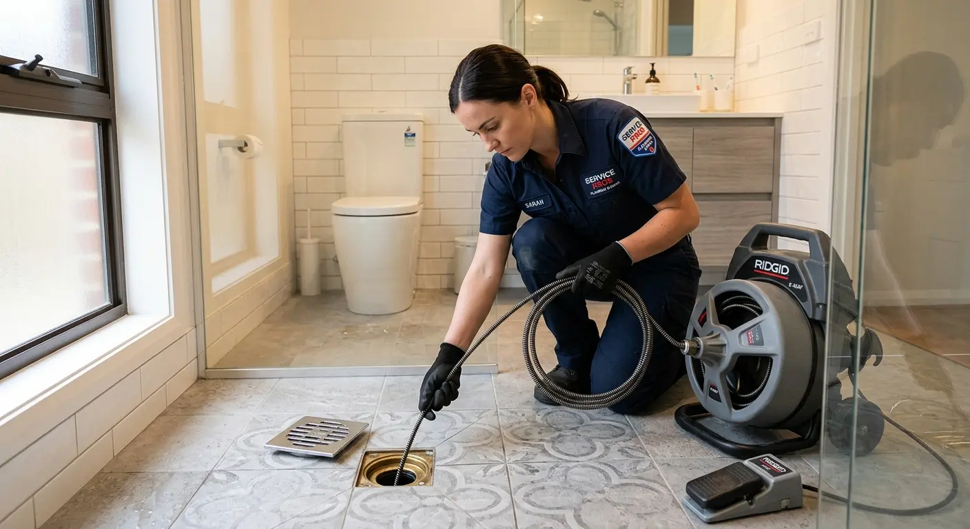 Technician clearing a bathroom floor drain for Hydro Jetting in Harrisburg